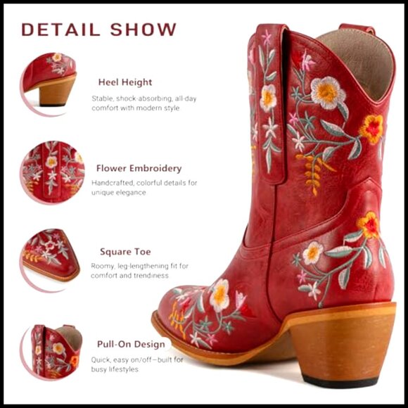 Women's Floral Embroidered Ankle Cowboy Boots Square Toe Chunky Heel - Picture 5 of 7